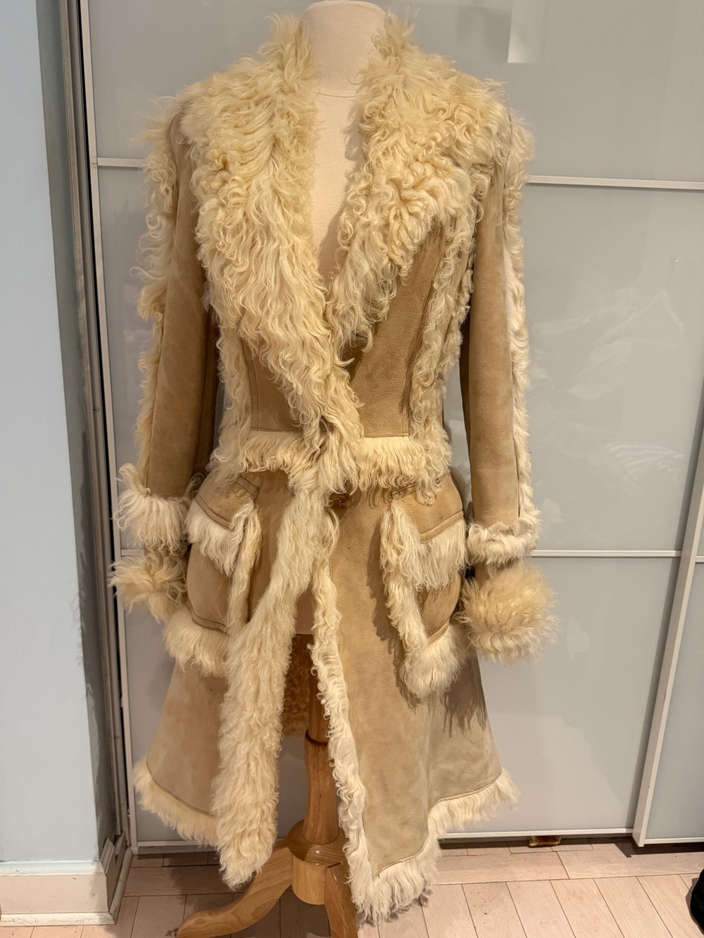 Galliano Vintage rare Cream Shearling-Trim Long Trench Coat